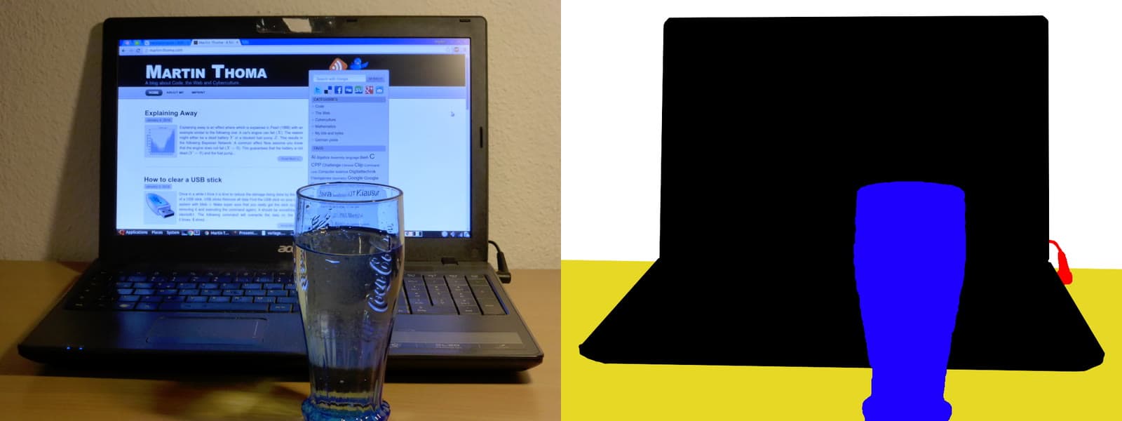A photo of a laptop and a glass next to its segmentation mask